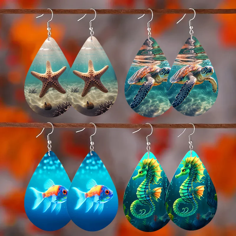 SOMESOOR-pendientes de madera con estampado de Animal marino, aretes en forma de lágrima, diseño de estrella de mar, Tortuga, caballito de mar,