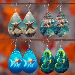 SOMESOOR Cute Sea Animal Print Wooden Teardrop Earrings Lovely Starfish Sea Turtle Seahorse Designs Ear Pendant Dangle Jewelry