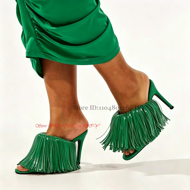 Women's Fringes High Heels Slippers Open Toe Summer Shoes Slip On Strap Tassel Mules product photo