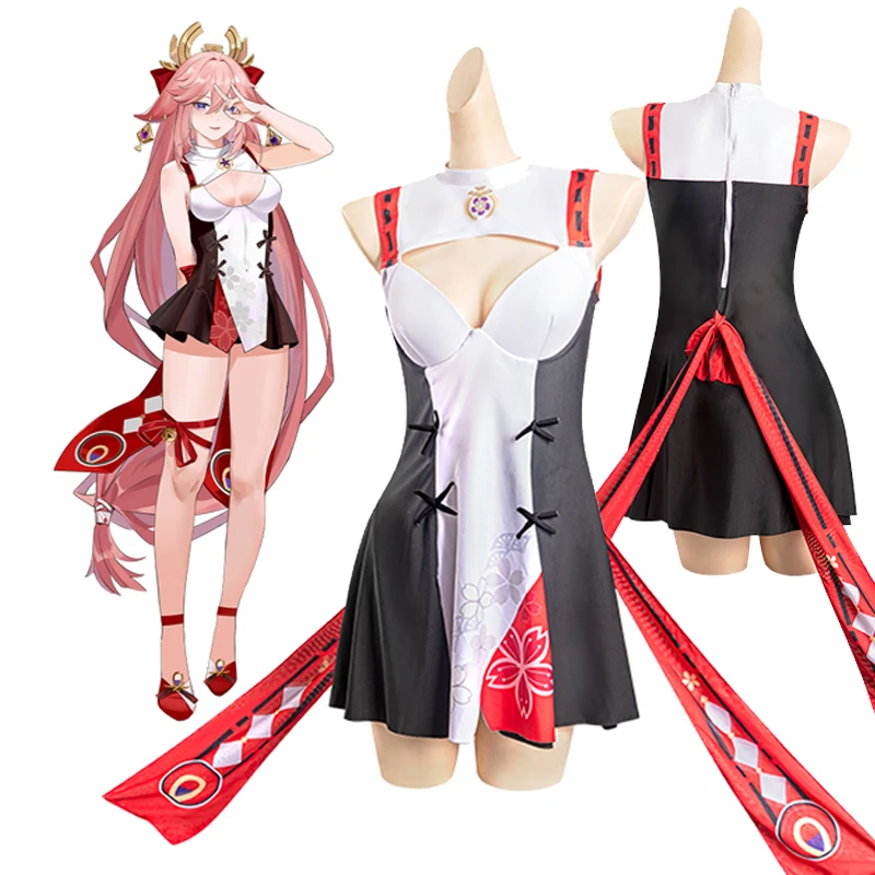 Yae Miko Cosplay Traje para Mulheres, Genshin Impact Game, Maiô, Vestido, Roupa de Banho, Dia das Bruxas, Carnaval, Festa, Traje de RPG