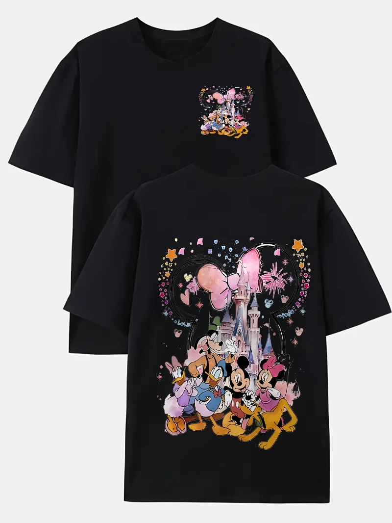 

Disney Mickey Mouse and Friends Castle and Starry Night Pattern T-shirt Adult Casual Round Neck Short Sleeve