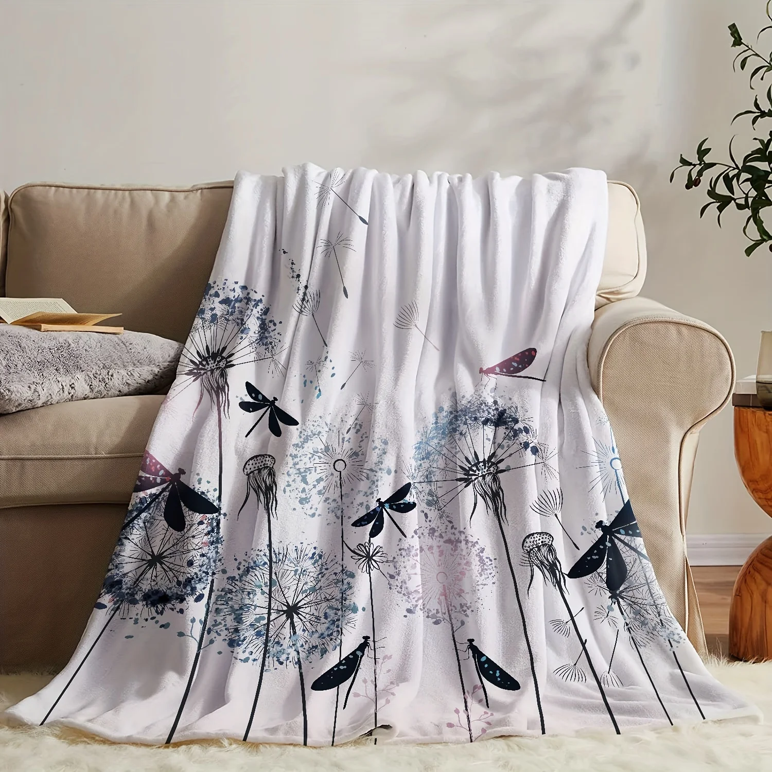 Flannel Dragonfly Sofa Blanket - Floral & Dragonfly Pattern, Soft All-Season Throw for Couch, Bed, Home Decor,Multi-Color Design