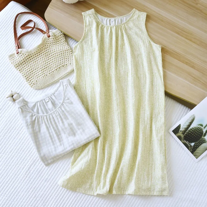 

Women's Summer Lightweight Double Gauze Cotton Nightgown - Breathable Sleeveless Round Neck Sleep Dress for Refreshing Home Wear