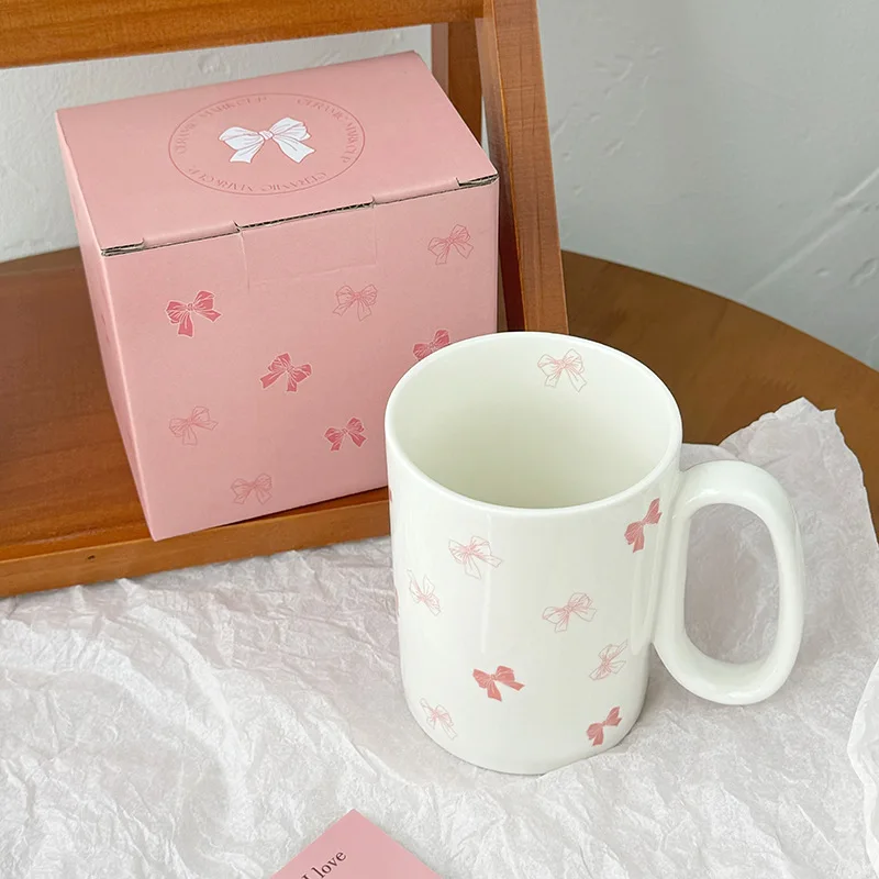 Taza de café de cerámica rosa de 450ml, taza de helado de lazo delicado, taza de café para el hogar, taza de postre de leche de desayuno, regalo de cumpleaños nuevo