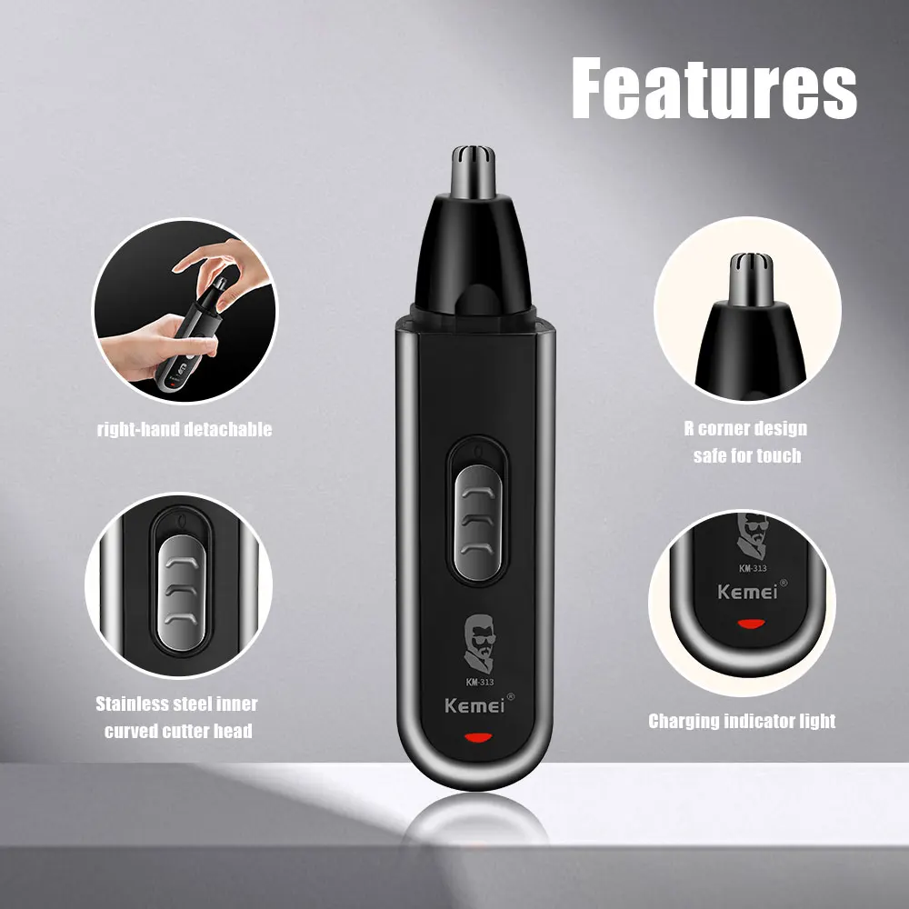 Kemei 3 IN 1 Eyebrows Nose Trimmer Electric Beard Facial Grooming Hair Remover Professional USB Charging Ear Hair Shaver KM-313