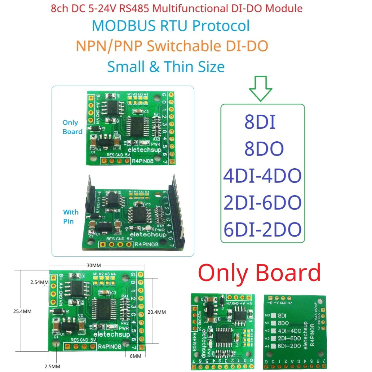 8ch DC 5-24V 2.54MM Pin RS485 Multifunctional DI-DO Module Rtu Input and Output Control PLC HMI Remote IO Expanding Board