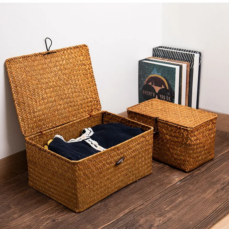 Woven Storage Baskets Large Seagrass Storag Basket with Lid Home Sundries Organzier Multifunction Baskets for Organizin Clothes