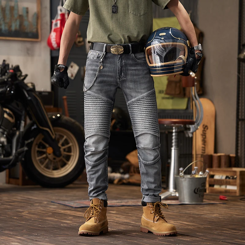 Motorcycle Jeans Men's New Pleated Design High-End Trend Slim-Fitting Cool Craft Stitching Motorcycle Skinny Trousers