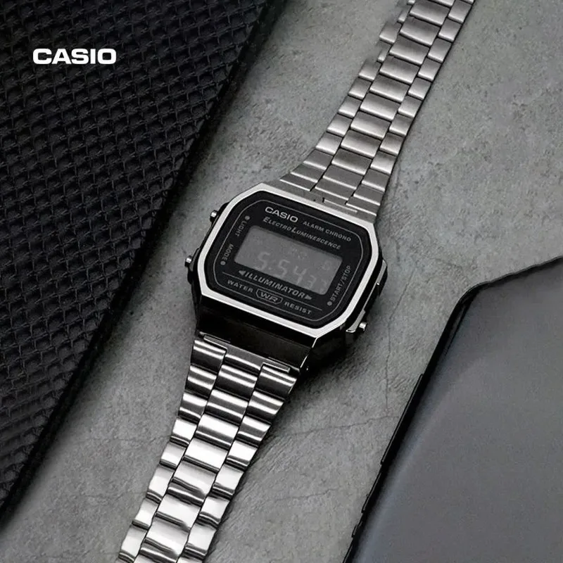 Casio A168WGG-1B Retro Square Blackout Watch, Grey Stainless Steel Band  Battery EL Light Daily Alarm for Men Women Student