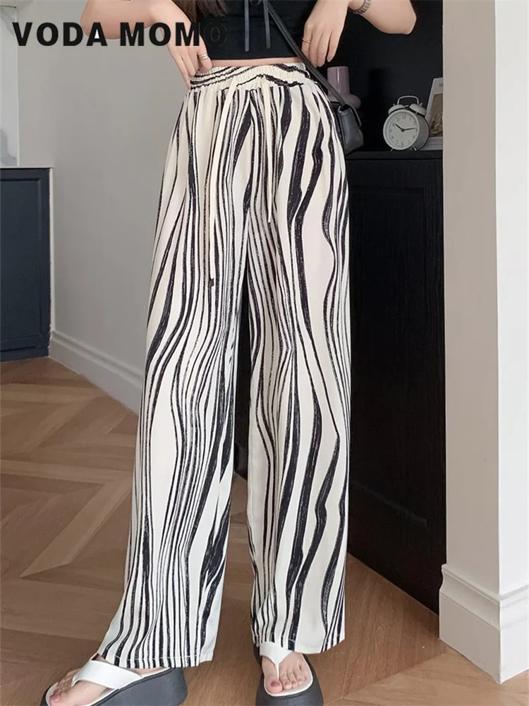 Chiffon Ice Silk Summer 2023 New High Waist Sagging Loose Straight Leg Casual Long Pants Vertical Stripe Wide Leg Pants Women's