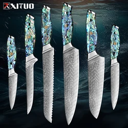 Damascus Steel Kitchen Knife 1-6PCS Set Super Sharp Full Tang Chef Knife Boning Knife Santoku Knife Shell Acrylic HandleHandle