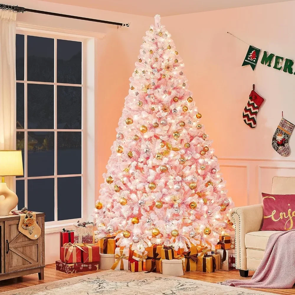 9-foot Pre Luminous Artificial Christmas Tree with White Lights, 2084 Branches, 900 Incandescent Lights and Foldable Stand, Pink