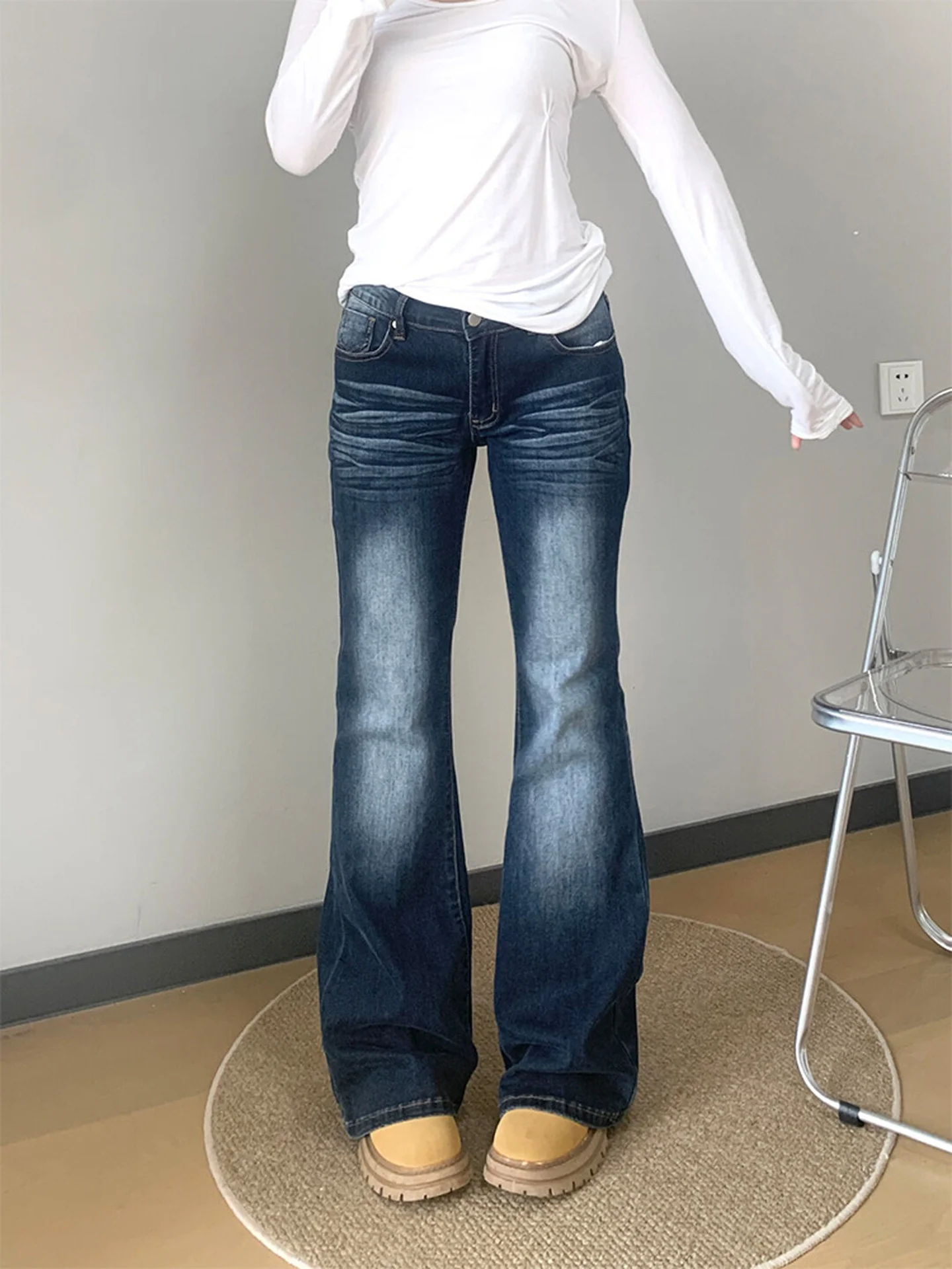 Thiened Fce Lined Bootcut Jeans Women's Autumn Winter Slim Fit High Waist Straight Leg Long Pants Distred Casual Jeans