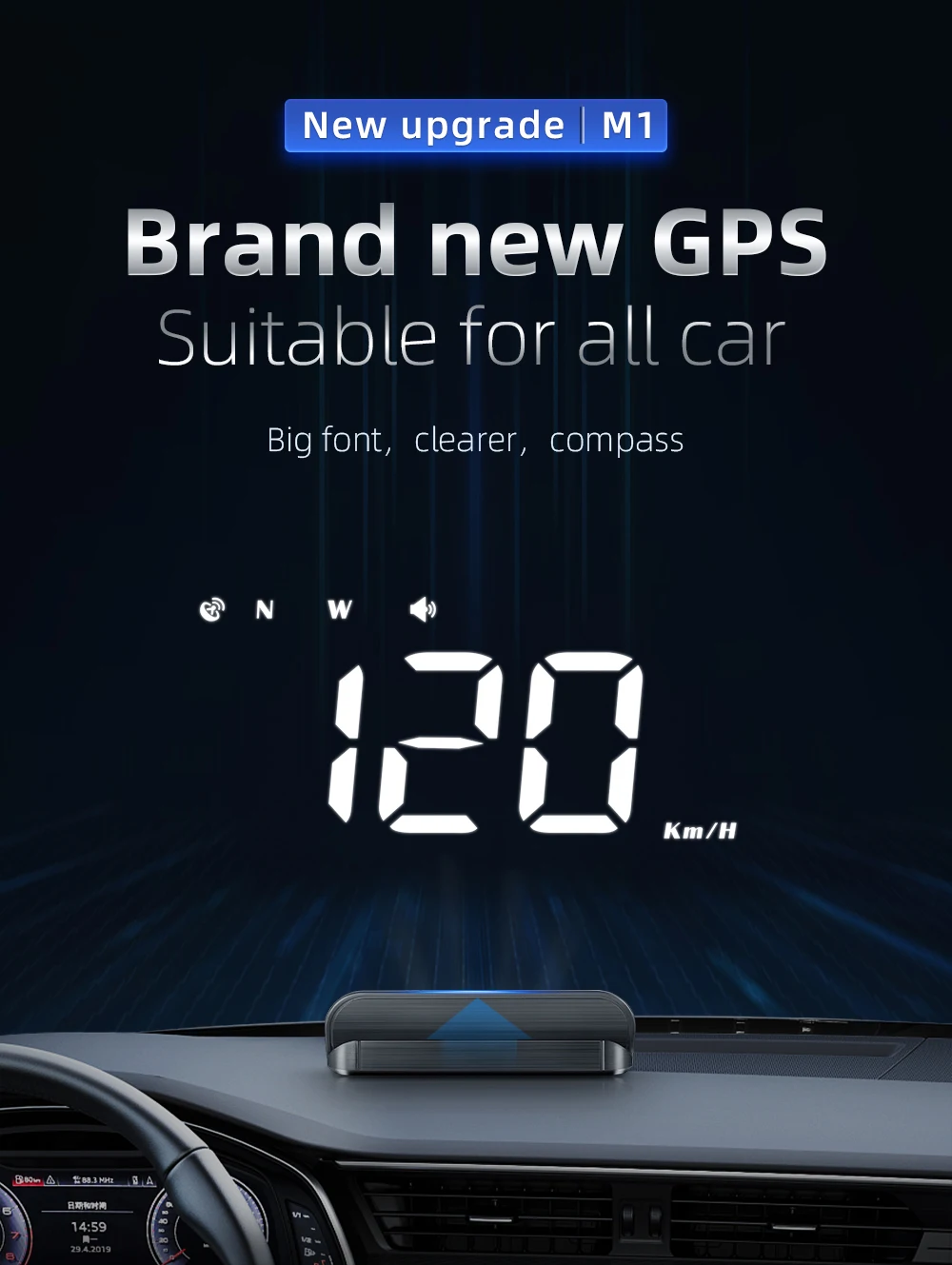 M1 GPS HUD Auto Head Up Display Kompass Geschwindigkeit MPH KMH Whit Alarm System Projektor Bordcomputer Windschutzscheibe Projektor Gauge ﻿ – Detail 3