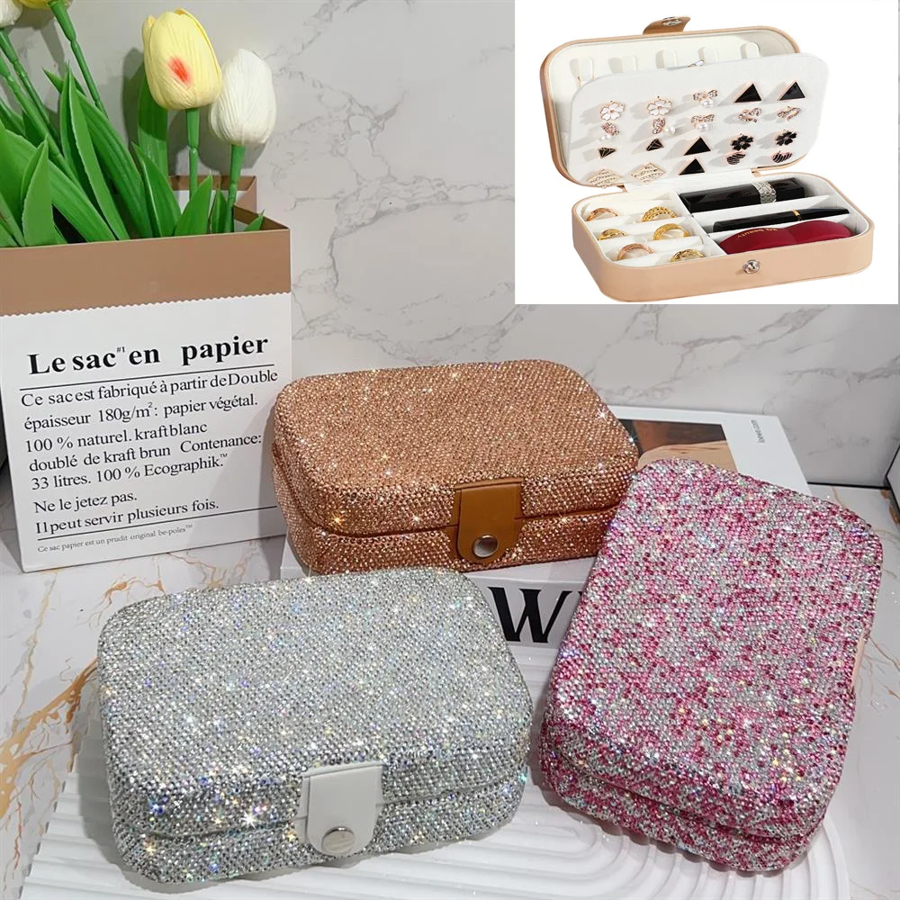 Bling Rhinestone Jewelry Case Double-layer Earrings Ring Organizer Display Rack Portable Travel Leather Necklace Storage Case