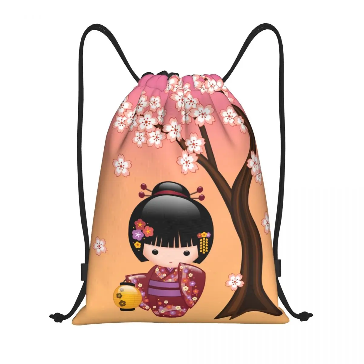 Kawaii Kokeshi Doll Cherry Blossoms Drawstring Bags for Training Yoga Backpacks Japanese Geisha Girl Art Sports Gym Sackpack