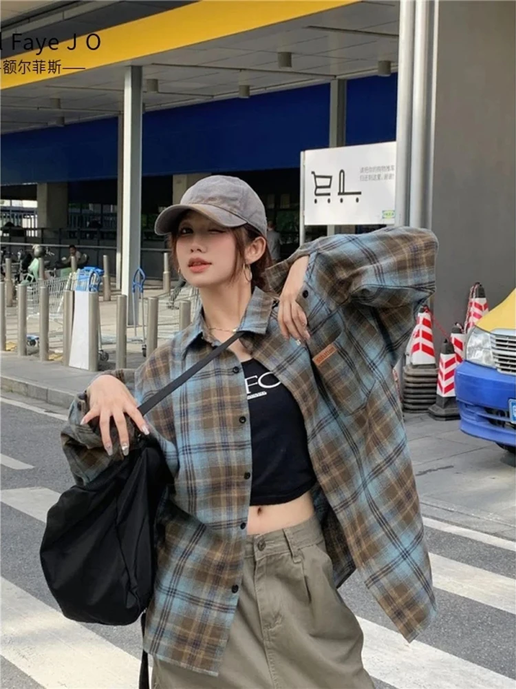 

Retro Plaid Long Sleeve Shirt Women Autumn Loose Lazy Wind American Vintage Coat Oversize Casual Buttons Female New Outwear