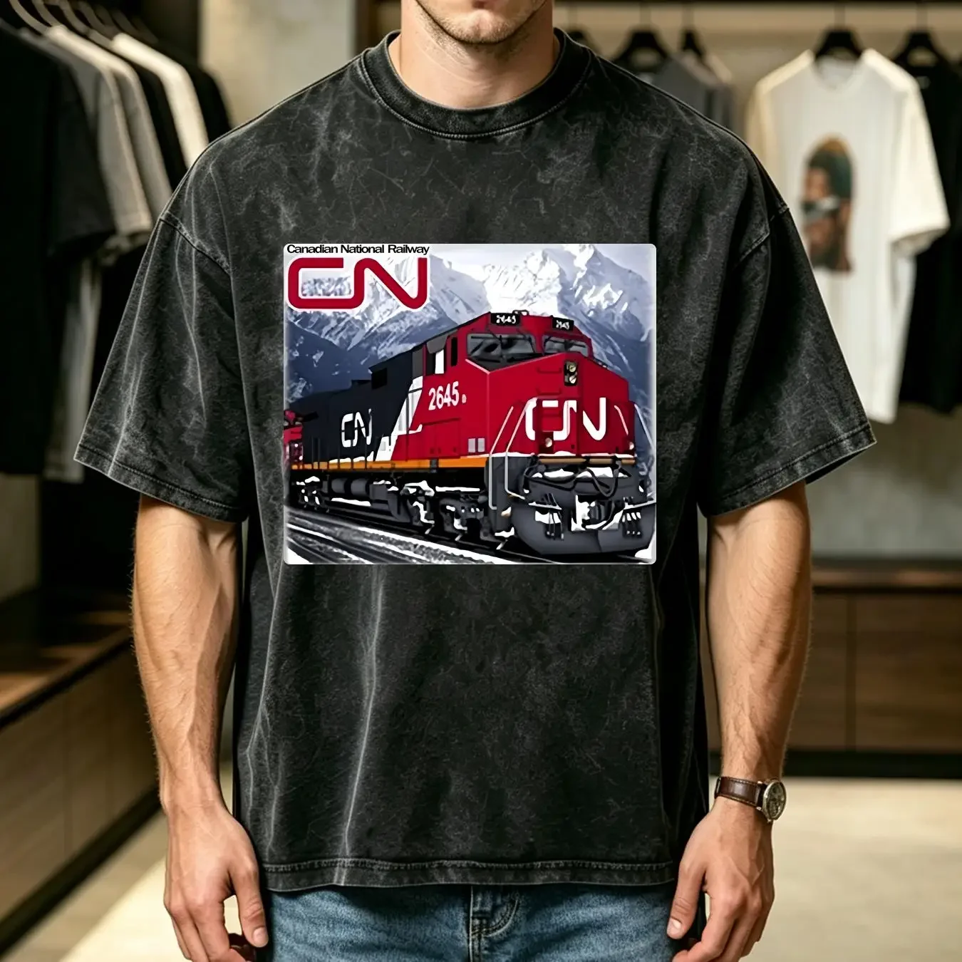 washed T Shirt Canadian National pacific Train C44 9W Authentic Railroad 75 vintage Washed streetwear Stretched Comfortable