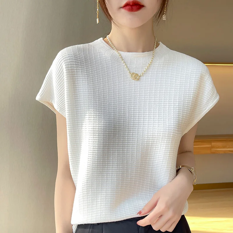 short-sleeved women\'s half high round neck pullover vest 2022 summer new loose fashion knitted bottoming T-shirt