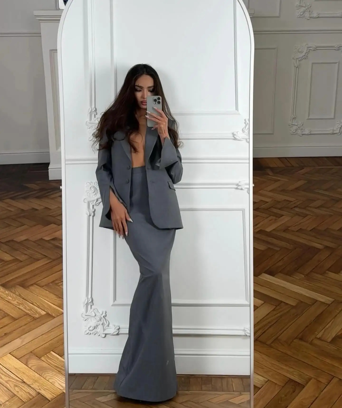 Grey Women'S 2 Piece Blazer And Long Dress Sets Woman Fashion Outfits  2025 Chic Single Breasted Maxi Skirt Female Customized