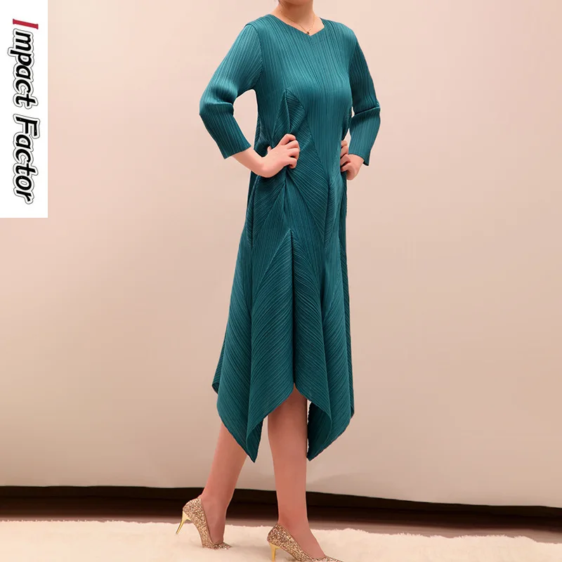 

Miyake Long Sleeved Dress Spring and Autumn Round Neck Loose and Fashionable Pleated 3/4 Sleeve V-neck Irregular Long Skirt