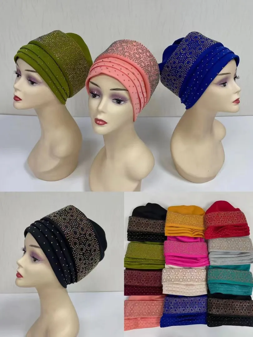 Lovely Turban Cap Women Cap With Stones Muslim Women Turban India Headscarf Wholesale Turbante Mujer Head Wrap 12 Pcs/pack