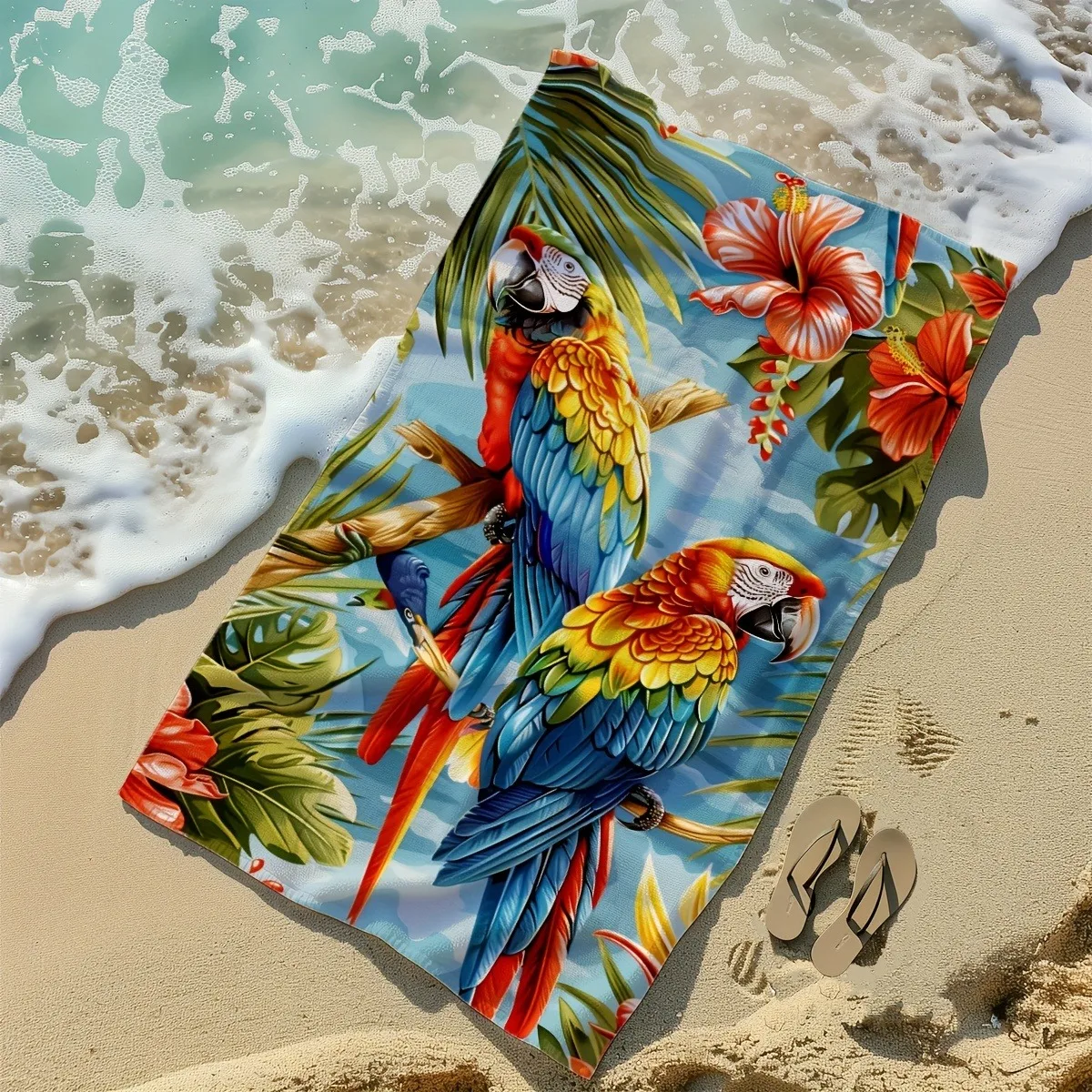 Customize Tropical Paradise Beach Towel: Parrots & Flowers for Summer Fun Suitable for towels, bath towels, beach towels