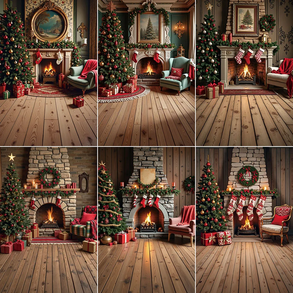 

MOON.QG Christmas Backdrop Photography Village Houses Fireplace Pine Tree Photo Background Children Photographic Studio Supplies