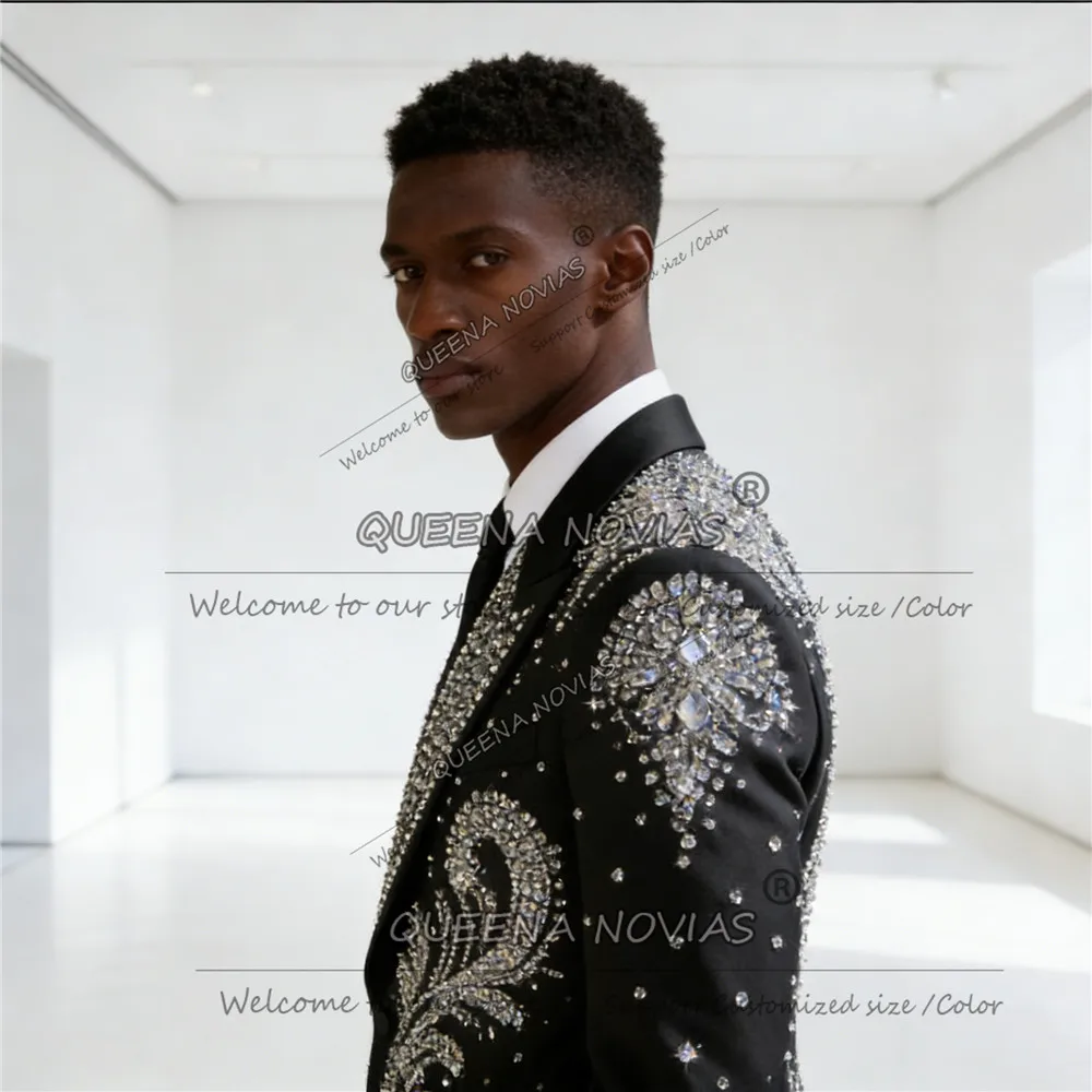 Luxury Jewelry Stones Suit Men 2 Piece Set Jacket Trousers Slim Fit Groom Wedding Tuxedos Customized Man Banquet Prom Blazers