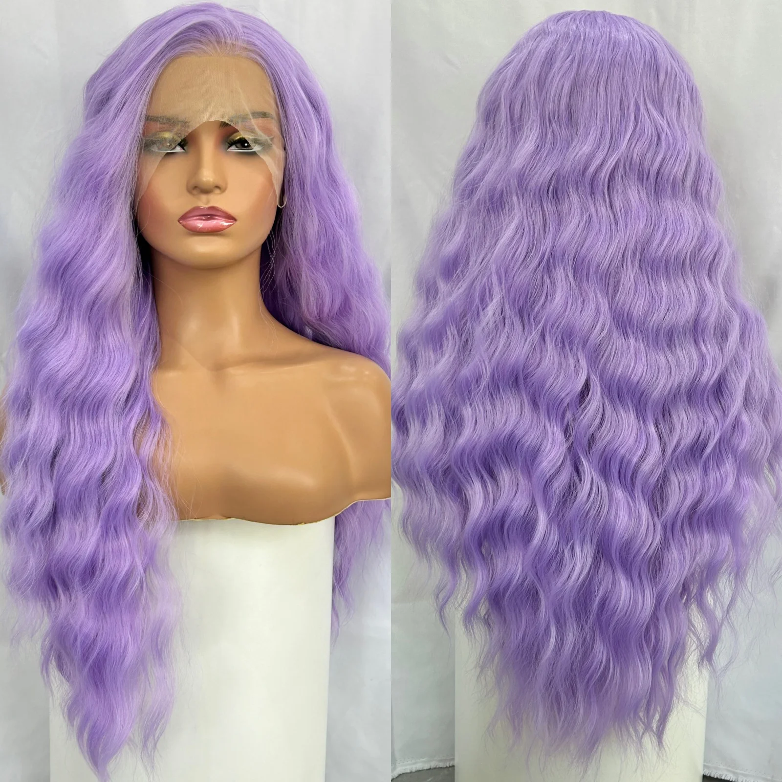 Light Purple Curly Lace Front Wigs for Women Syntheitc Hair Free Part Long Natural Wavy Lavender Colored 13X4 Frontal Party Wigs