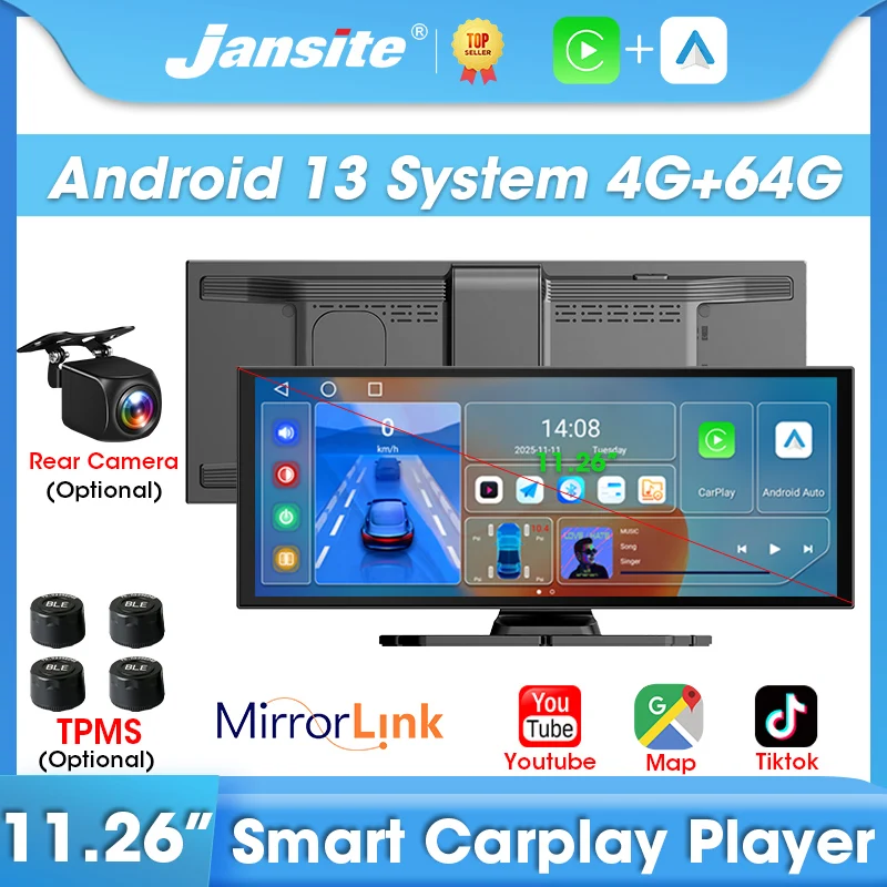 Jansite 11.26 "أندرويد 13 4G + 64G مشغل سيارة CarPlay أندرويد شاشة تلقائية نظام تحديد المواقع والملاحة واي فاي دعم Tiktok Youtube Netflix TPMS