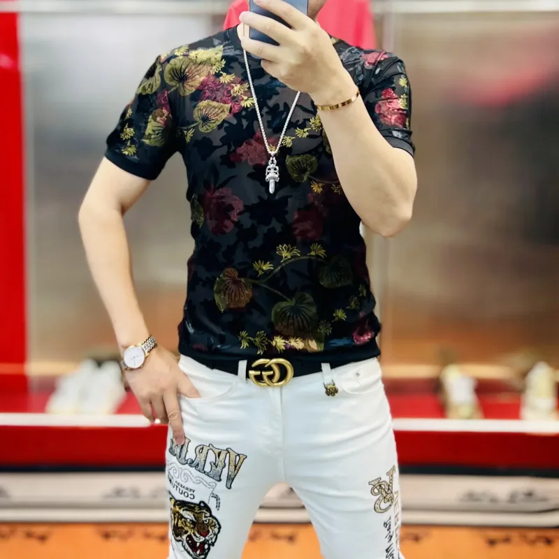 2024 Summer Flocking Flower T-shirt for Men Short Sleeve Casual T Shirt Business Social Streetwear Round Neck T-shirt M-4XL