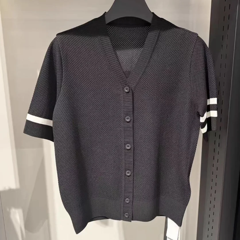2026 Summer Women Preppy Golf Cardigan Striped Color Block V Neck Short Sleeve Thin Knit Slim Breathable Casual Sport Top