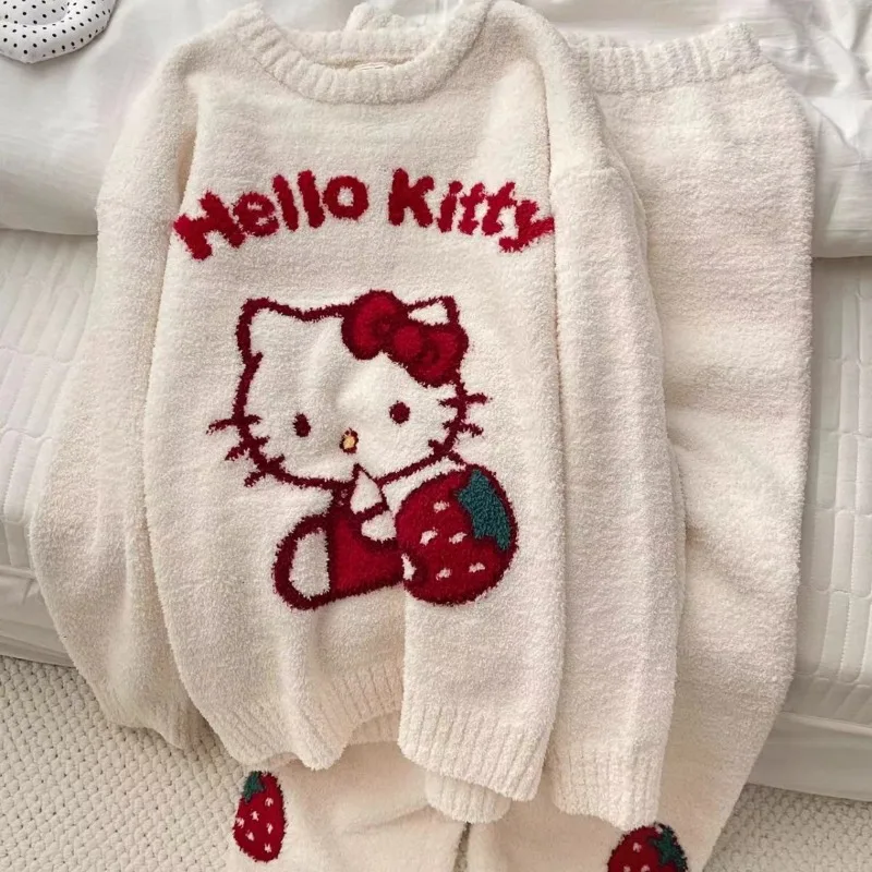 Hello Kitty 2024 New Sleepwear Plush Cute Girl Cartoon Thickened Warm Winter Kawaii Casual Outerwear Knitted Home Furnishing Set