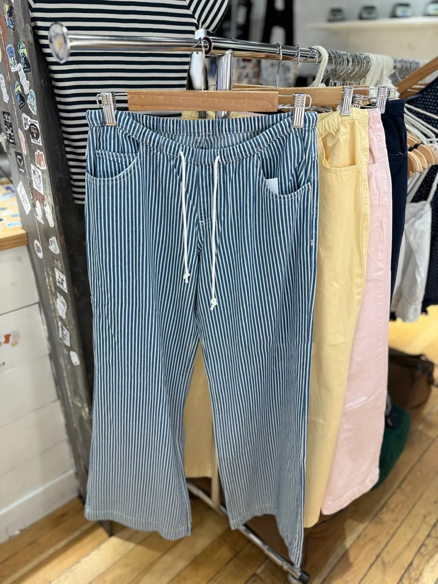 

Широкие брюки в синюю полоску, осенние хлопковые прямые брюки с высокой талией и завязками, женские повседневные милые спортивные штаны в консервативном стиле