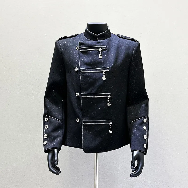Men's Deconstructed Stand Collar Jacket with Metal Trim and Cropped Fit for Industrial Punk Styling and Dramatic Stage Wardrobes