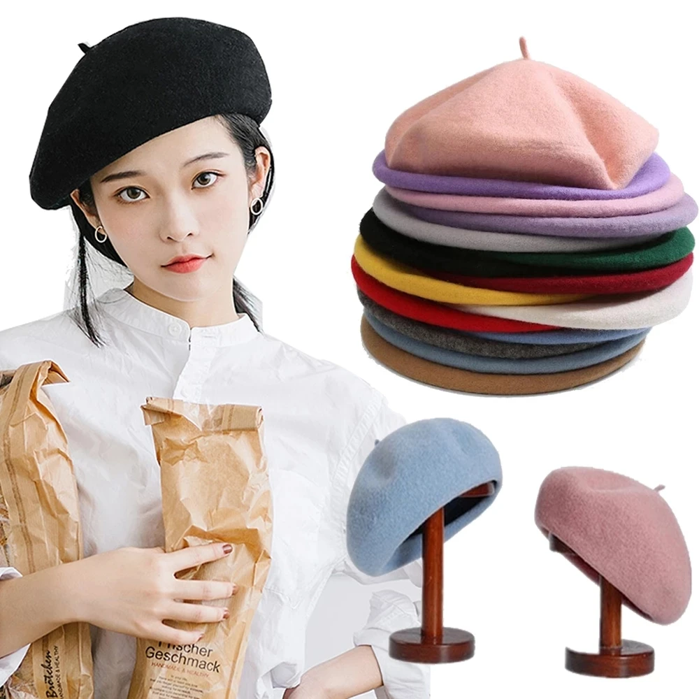 Wool Berets French Artist Style Warm Winter Beanie Hat Women Girl Retro Plain Beret Solid Color Elegant Lady Comfortable Caps