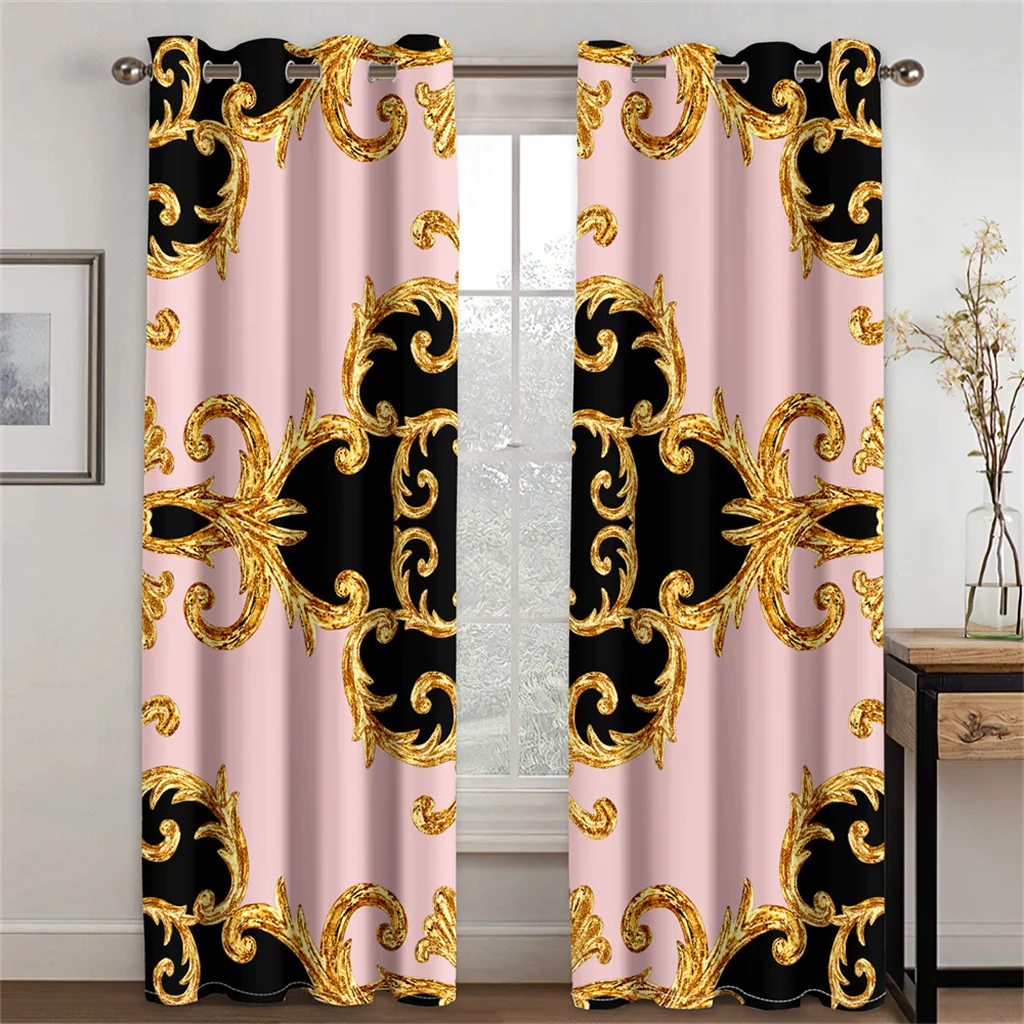 3D Print Modern Luxury Brand Design Black and Gold Pattern Thin Shading Polyester Curtain for Living Room Bedroom Decor Hooks