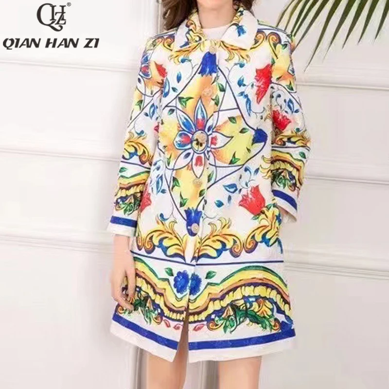 QHZ Designer Fashion Runway Trench Coat retro Single-breasted pattern Printed Long Coat Vacation for women autumn/winter