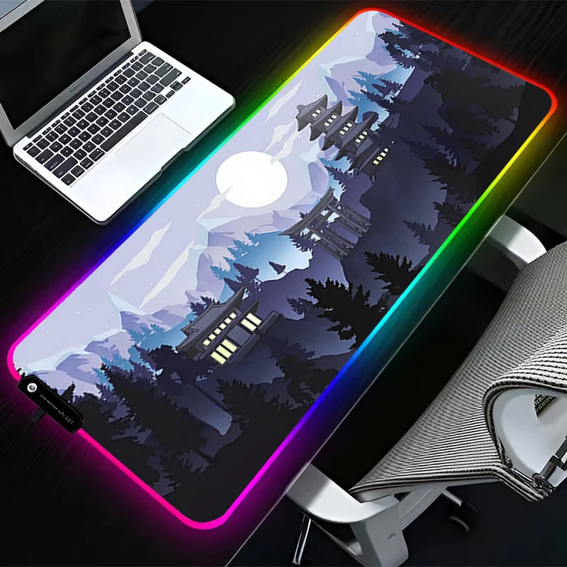 RGB LED Mouse Pad Rubber Mousepad Computer Gaming Accessories Keyboard Pad Non Slip Desk Mountain Forest Pagoda Torii Mouse Mat