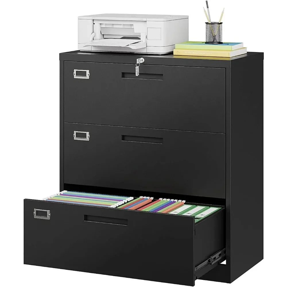 Lateral File Cabinet with Lock, 3 Drawer Lateral Filing Cabinet, Large Deep Drawers Locked by Keys, Metal Storage File Cabinet