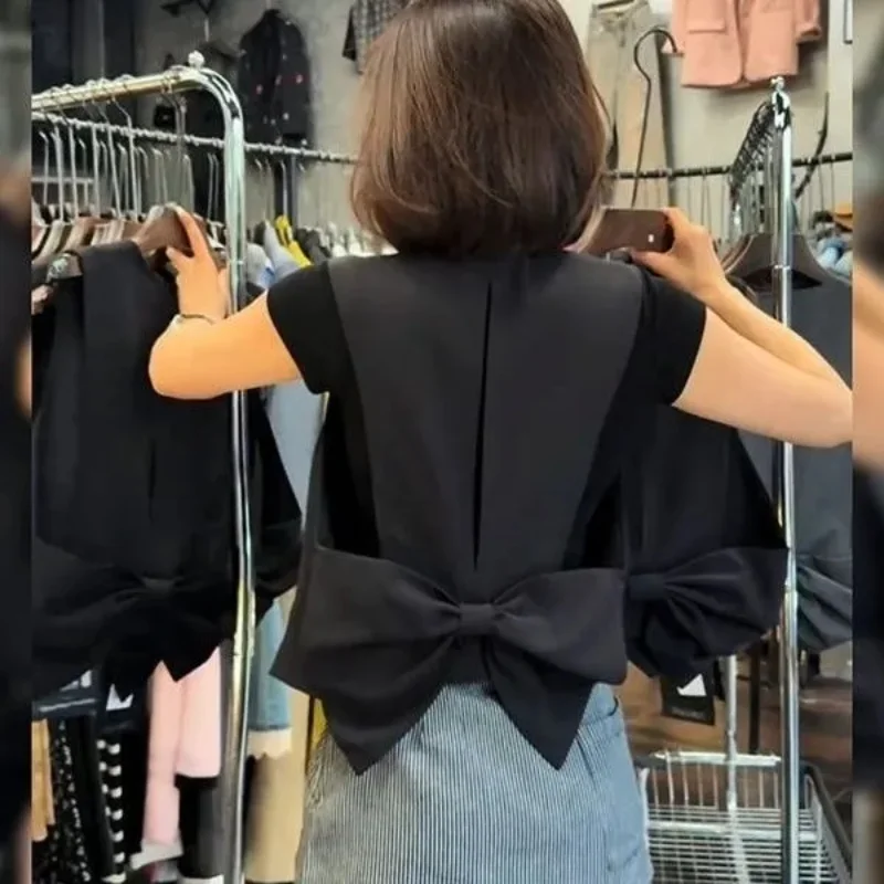 Elegant Bow Black Waistcoat Vest Wmen 2025 Autumn New Overlap Sleeveless Slim Crop Top Temperament Design Y2k Jackets