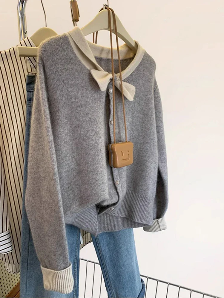 

Bow Sweater Knitted Cardigan Women Autumn New Casual Versatile Tops Fashion O-neck Long Sleeve Sweater