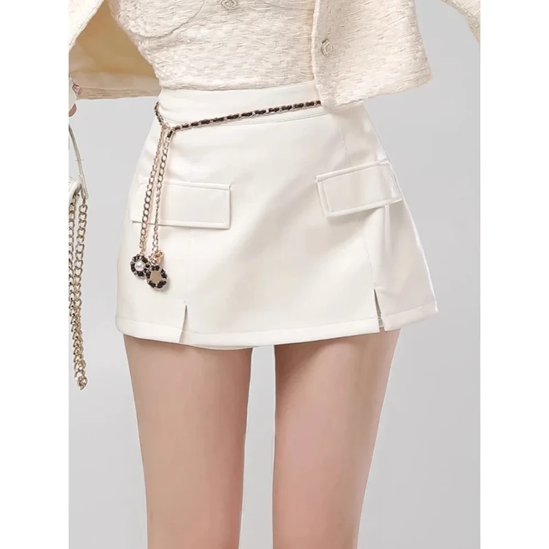

Pu Leather Skirt Women Sexy Fashion High Waist A Line Split Mini Skirts 2025 New Solid Slim Fit Party Club Skort