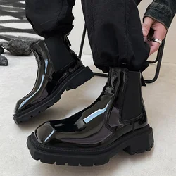 Korean style new Chelsea boots, men's square headed Matin boots, elastic thick soled patent leather fashion leather boots