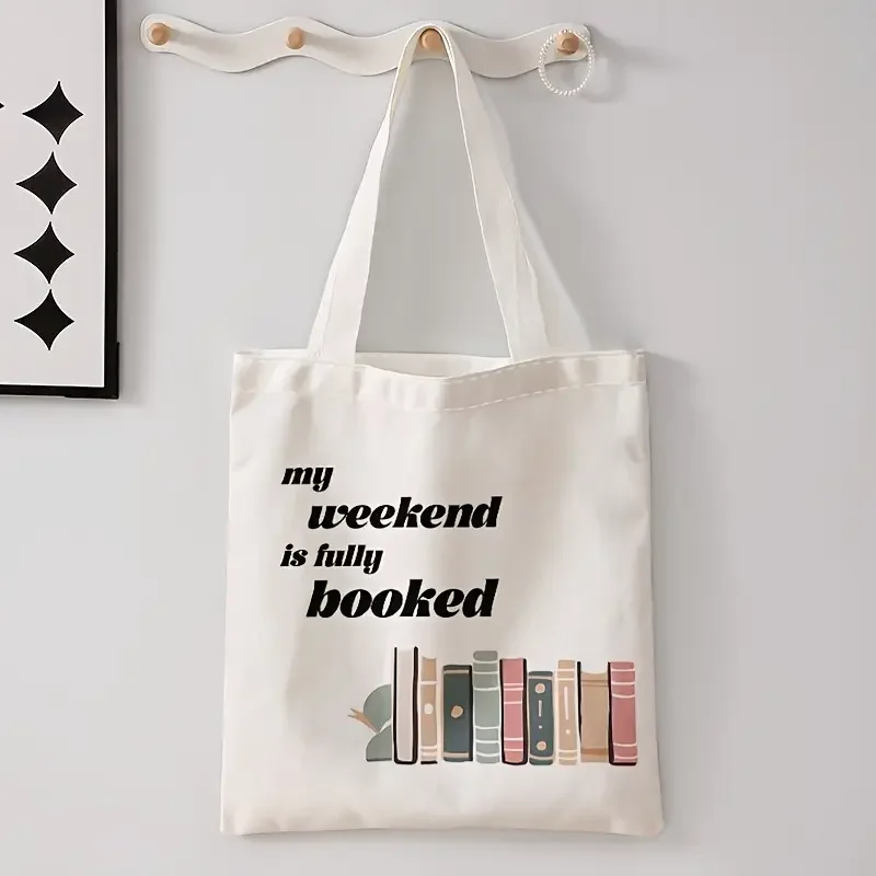

Book Lover's Tote Bag with Book-Themed Design & "My Weekend Is Fully Booked" Saying Shoulder Bag for Commute, Travel, Picnics