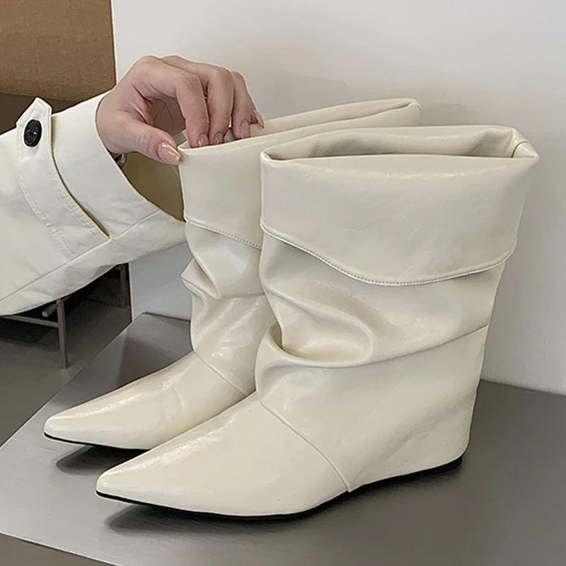 Eilyken New Design Turned-over Edge Pointed Toe Woman Ankle Boots Fashion Wedges Heels Modern Booties Spring Autumn Shoes