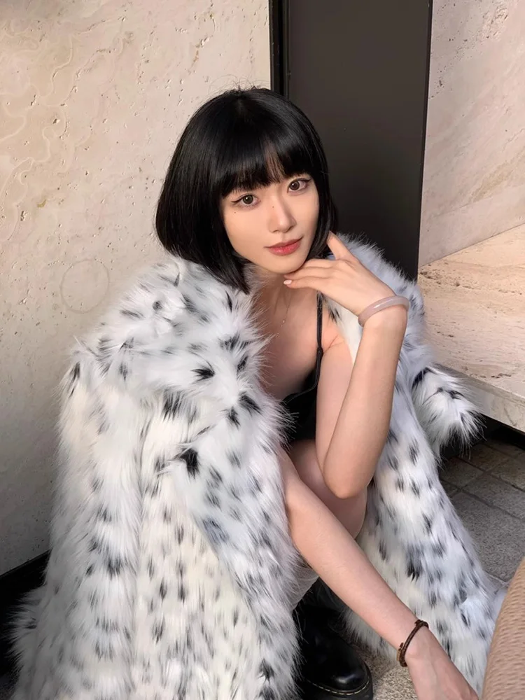 المرأة طويلة ليوبارد طباعة تقليد الثعلب معطف الفرو شتاء دافئ سميكة أفخم سترة للسيدات ملابس خارجية عصرية معطف الفرو فو