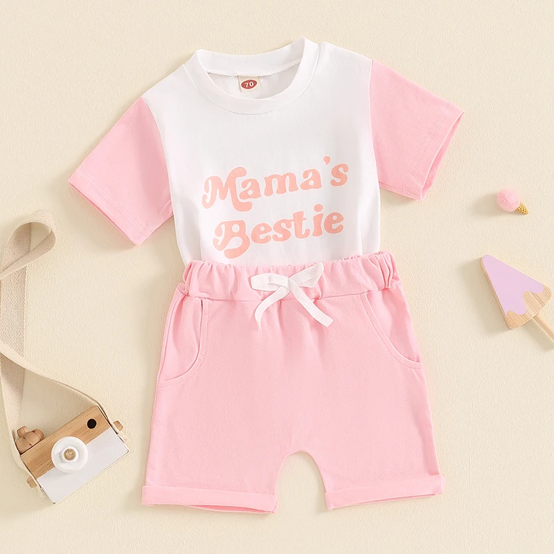 Toddler Girls Summer Clothes Short Sleeve T-Shirt Solid Color Shorts Set Mamas Bestie Baby Girl Outfit