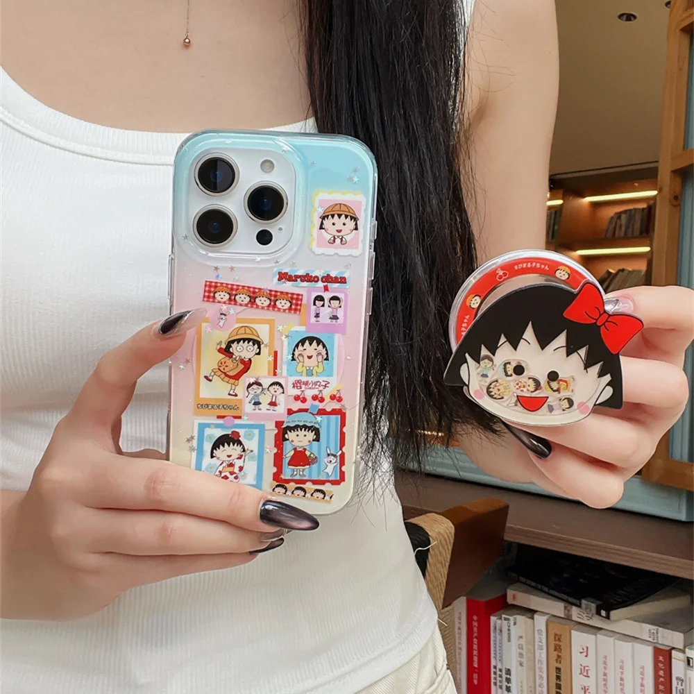 

Japan Kawaii Chibi Maruko-chan magnetic stand phone case for iPhone 14 13 16 pro 15 promax cover shake holder cute cartoon cover